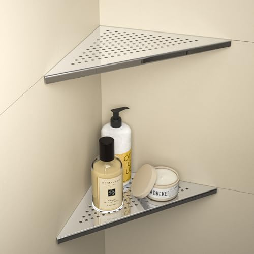 Bernkot Corner Shower Shelf 304 Stainless Steel, Recessed Corner Shelves Slot Design, 10 Triangular Corner Shelf 1.5mm Thickness Bathroom Shelf for Tiled Wall, No Drilling, Polished, 2 Pack