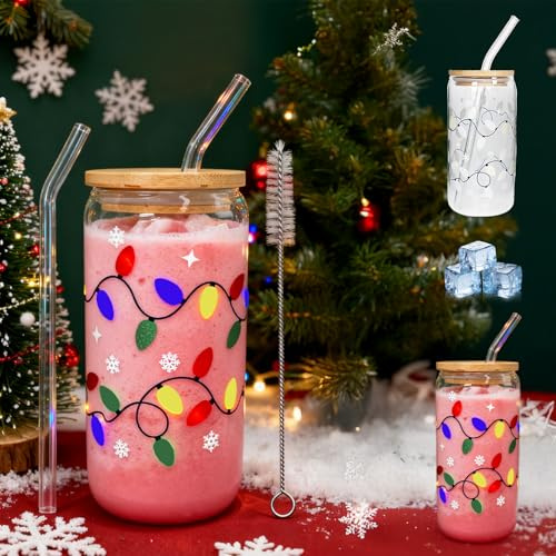 Wsndyjia Colour Changing Christmas Cup - 18oz (500ml), Cute Christmas Cups with Bamboo Lid & Glass Straw, Reusable Iced Coffee Tumbler, Valentines Day Birthday Present