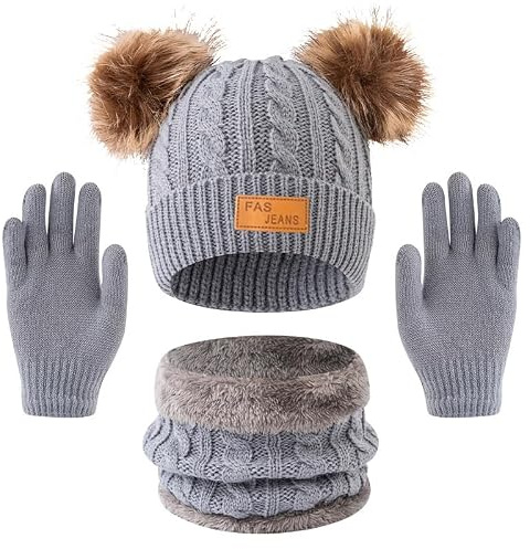 YRPACFB Kids Winter Beanie Hat Scarf Gloves Set, Warm Thermal Knitted Beanie Cap Snood Neck Warmer Mitten, Knit Thick Warm Fleece Sets, Winter Accessories Sets for Children Outdoor Sports 3 in 1