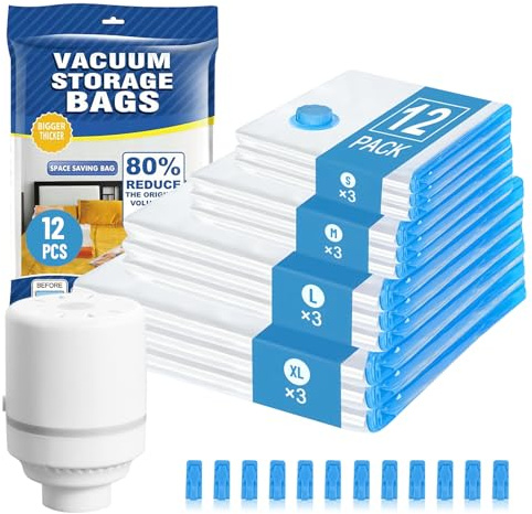12Stück Vakuum-Kompressionsbeutel,Vakuumbeutel für Kleidung mit Elektrischer Luftpumpe (3*XL+3*L+3*M+3*S) Schneller Auspuff,Verdickte,Wiederverwendbar Vakuumbeutel für Bettdecken,Kleidung,Kissen