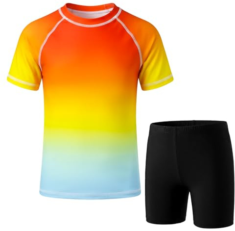 FILOWA Badeanzug Jungen Kinder Zweiteiliger Rashguard Shirt & Badehose Schnelltrocknend Schwimmanzug UV-Schutz Kurzarm Badeshirt Badeshorts Set Sommer Strand Surfen Badebekleidung für 128-140, Rot