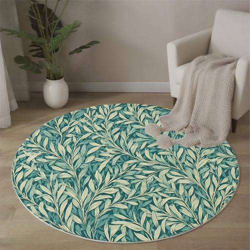 Tappeto Rotondo Foglie Salice Tappeti 100 Cm Antiscivolo Lavabile In Lavatrice Tondo Tapette Salotto Camera Da Letto Soggiorno Scendiletto Pelo Corto Rotondi Carpet, Turchese Piante Dipinte A Mano