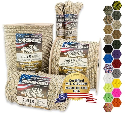 TOUGH-GRID Paracord 750 Nylon Rope - Survival Tools Bushcraft, Tactical Gear, Climbing, Parachute Cord for Survival Gear Essentials Outdoor Military Type IV Mil-Spec Made in USA 100 Ft. Desert Camo