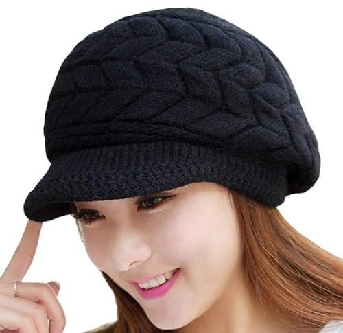 WKTRSM Winter Strickmütze Schirmmütze Damen Wintermütze Beanie Mütze Hüte Mützen Caps Gestrickte Baseballmütze Warme Wool Mütze (Schwarz)