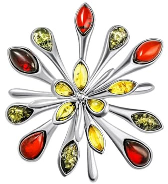 Bernstein Brosche Blumenspritzer in Sterling Silber 925; Gr. 4,8x4,8x1,2cm; echter baltischer Bernstein; Das perfekte Geschenk! (Mehrfarbig in Silber 925)