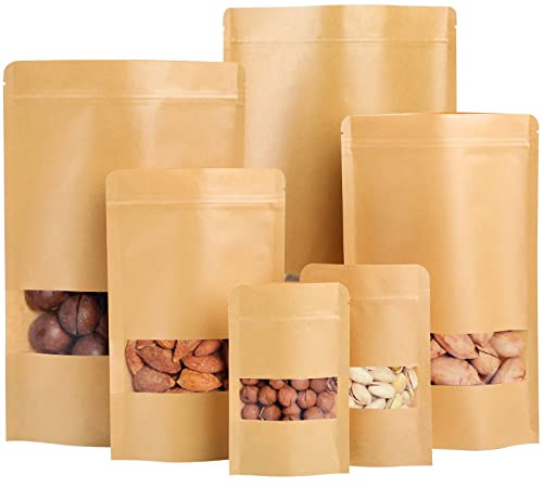 Surflyee 50 Stück Kraftpapier Tüten, Papiertüten mit Fenster | Standbodenbeutel, Wasserdicht und Feuchtigkeitsbeständig, Braune Papierbeutel für Tee, Kaffee, Süßigkeiten, Nüsse (14x22CM)