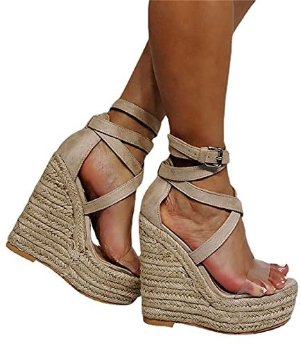 CAZARU High Heels Sexy 15CM Strohgewebte Seil Keilabsatz Plateau Sandalen,Beige-48