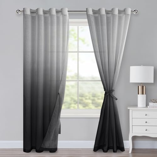 XWZO Ombre gardiner med öljetter, färggradient gardin, voile sheer gradient gardiner, set om 2 för sovrum och vardagsrum, öljettgardiner med gardinomtag H 225 x B 140 cm, svart