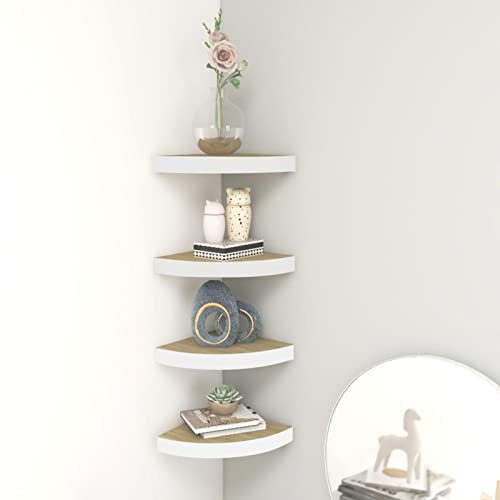 Sufrk Eck-Schweberegale 4 STK. Eichen-Optik und Weiß 35x35x3,8 cm MDF Schwebendes Regal Wandregale Eckregal KüChe Eckregal