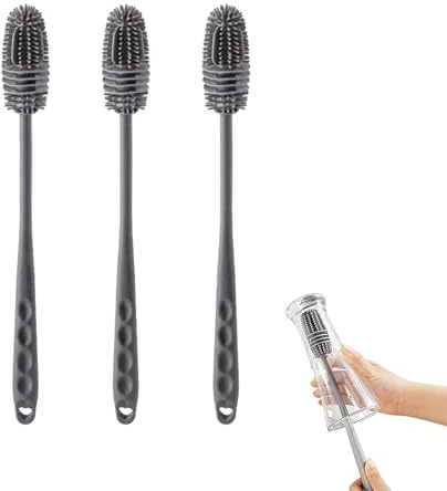 Comioke Baby Bottle Brush Set, Soft Silicone Bottle Cleaner Brush with Long Handle, 3 pcs, Bottle Brush and Nipple Brush, Baby Cleaning Essentials (Grey)
