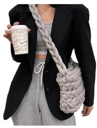 LVCHAO Plüschtasche Frauen Leinwand Schulter Einkaufstasche Wolle Gestrickte Gewebte Umhängetasche for Frau Weibliche Handtaschen Shopper Crossbody Bag(Gray,17.10.8cm)