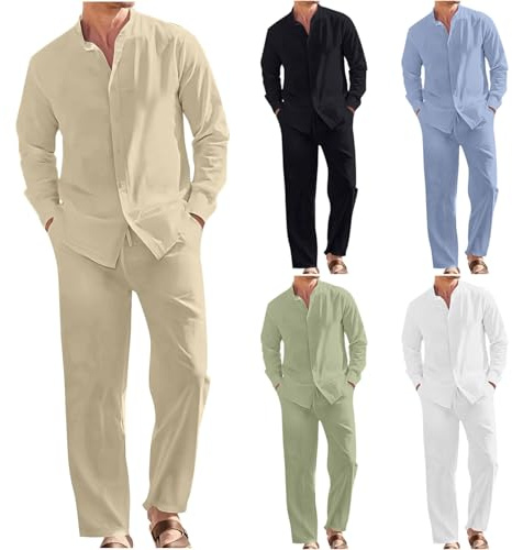 2 Piece Men's Cotton Linen Suit Clearance, Summer Plain Leisure Sets, Long Sleeve Button-Up Beach Shirt and Trousers Set Stand-up Collar Shirts Straight Leg Pants Outfits Vacation Wedding Work Suits