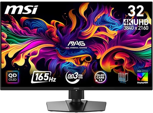 MSI MAG 322UP QD-OLED E16 32-Inch 4K UHD Gaming Monitor, 3840x2160 Quantum Dot OLED Panel, 165Hz, 0.03ms, DisplayHDR TRUE Black 400, AMD FreeSync Premium Pro, HDMI 2.1, DP 1.4a, USB C (15W PD)