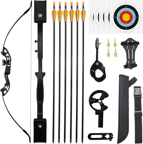 Clianle Ensemble Arc et flèches pour Adultes, Arc Classique démontable pour gauchers et droitiers, arcs Longs et flèches pour débutants et Jeunes, avec déclencheur d'arc et protège-bras-40LB
