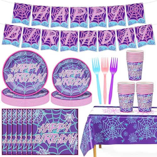 24 Set Spider Birthday Supplies and Decorations, 1, Purple Happy Birthday