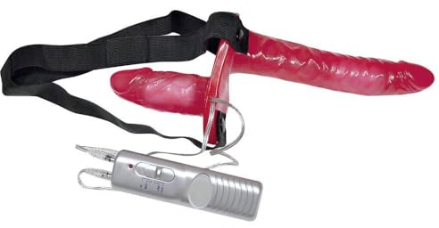 Bad Kitty Vibrating Strap-On Duo - roten Doppelumschnallvibrator für Frauen und Paare, verführerishe Rollenspiele mit dem Partner, 3 Vibrationsstufen mit Fernbedienung steuerbar, rot
