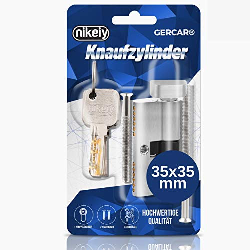 GERCAR Pro 1x cerradura cilíndrica con botón - latón niquelado mate 35/35-1x cilindro de cerradura/cerradura de barril 70 mm con pomo para puerta - con 5 llaves - Longitud: 70 mm, A: 35 B: 35