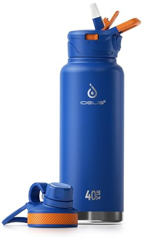 IDEUS Bouteille d'eau isotherme en acier inoxydable à double paroi en acier inoxydable avec bouchon à vis anti-fuite (bleu vif)