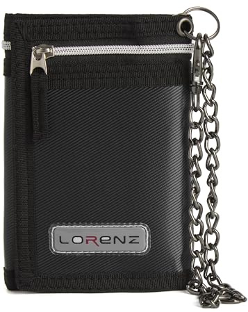 Woodland Leathers Sports Wallets for Boys, Trifold Men Canvas Wallet with Coin Pocket and Credit Card Holder, Waterproof Teenagers Folder Wallet with Chain, Hook or Classic (with Chain, Black)
