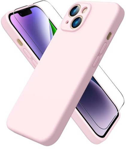 ACRONIX Cover Silicone Per iPhone 14(6.1),con 1 Pellicola Vetro TemPerato,Morbido Silicone Liquido Custodia Protezione Completa con Fodera in Microfibra,Ultra-Sottile Cover Per iPhone 14-Rosa