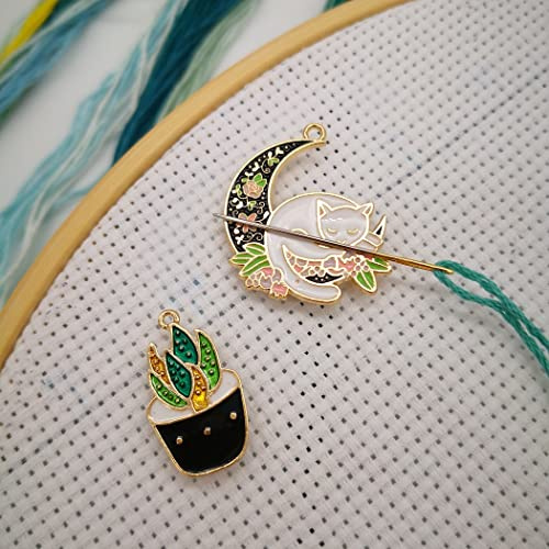 Månkatt och krukväxter, nål minder magnetisk för korsstygn, blomma katt magnetisk nål barnflicka för broderi handarbete, handarbete och broderitillbehör (2 st)