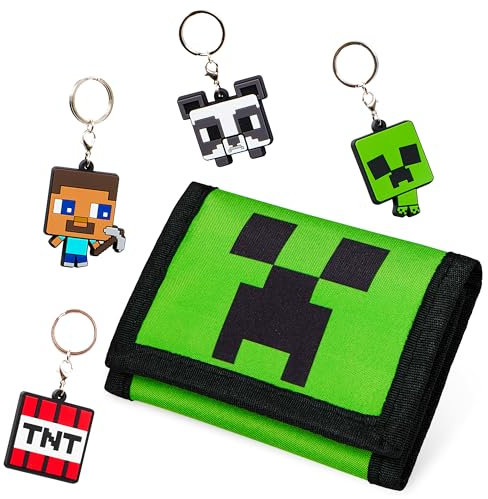 Minecraft Geldbeutel mit Anhänger Set | Geldbörse mit Schlüsselanhänger für Kinder | Portemonnaie mit Reißverschluss, Klettverschluss, Schlüsselring 12 x 8 x 2 cm