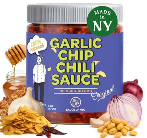 SAUCE UP Original Garlic Chip Chili Sauce – Super Crunchy Artisanal Topping & Condiment | Chef-Curated in NY with Fried Garlic Chips & Peanuts | Bold, Nutty, Premium Chili Flavor | All-Natural, Plant-Based, GF, Non-GMO, No MSG | 6oz Jar