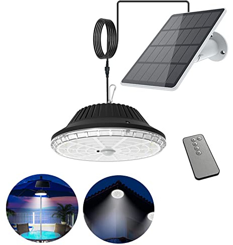 MEDOYOH 120 LED kallt vitt ljus solenergi hängande lampa med fjärrkontroll och rörelsedetektor, 4 000 mAh solcellslampor hängande IP55 vattentät för gård lada balkong korridor lusthus garage