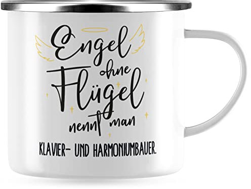 JUNIWORDS Emaille-Tasse, Engel ohne Flügel nennt man Klavier- und Harmoniumbauer, Silberner Tassenrand (5169902)