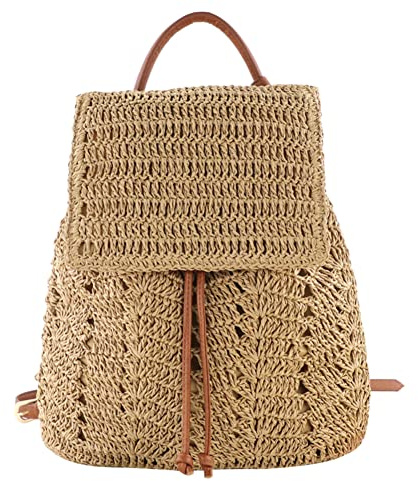 HIMS Sac à dos en paille pour femme - Style bohème - Sac à dos tissé - Pour l'été - Plage - Décontracté - En PU - Avec franges - Cordon de serrage - En rotin