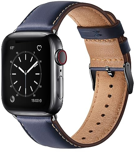 WFEAGL Kompatibel med Apple Watch-armband 44 mm, 45 mm, 49 mm, 42 mm, ersättnings-äkta läderarmband kompatibelt med Apple Watch Ultra/Ultra 2/serie 9, 8, 7, 6, 5, 4, 3, 2, 1/SE (militärblå/svart)