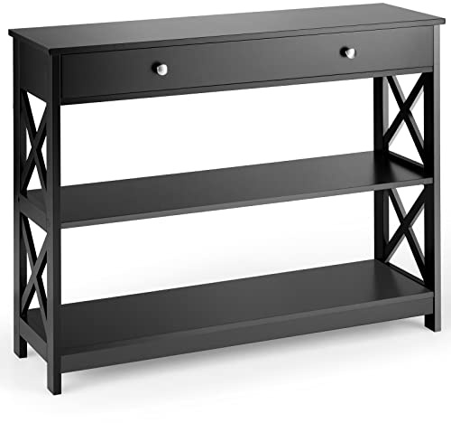 COSTWAY Tavolo Consolle con Cassetto, Tavolo da Ingresso a 3 Ripiani, Tavolino per Divano per Ingresso Soggiorno Camera da Letto, Stile Vintage Industriale (nero)