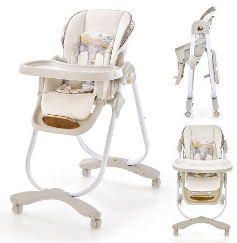 GOPLUS Baby Hochstuhl auf Rollen, Kinderhochstuhl mit verstellbarer Rücklehne, Fußstütze & Sitzhöhen, Babystuhl mit abnehmbares Doppeltablett & PU Bezug für Baby 6-36 Monate (Grau)