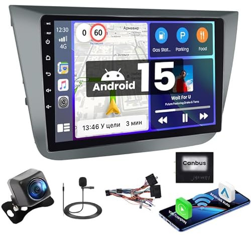 Hikity 2+64G Autoradio para Seat Altea 2004-2016 con CarPlay Android Auto | 9 pulgadas Radio Android 15 con Bluetooth FM/RDS GPS WiFi Mirror Link EQ SWC Navi micrófono cámara de marcha atrás