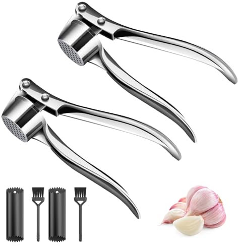 Luckwaii 2 Stück Knoblauchpresse Edelstahl, Knoblauchpresse Wippe mit Pinsel & Knoblauchschäler Garlic Press - leicht zu reinigende Knoblauchpresse Küchenhelfer zum Extrahieren von Mehr Knoblauchpaste