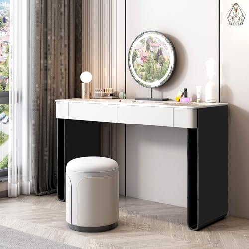 FUKEFUZ Schminktisch Mit Spiegel Und Beleuchtung, Kommode Mit Spiegel, Keramikoberfläche, Kratzfest, Massivholzrahmen, Schubladen, Schminkhocker, Make Up Organizer Ideal Für Kleine Räume(White,D_31.5I