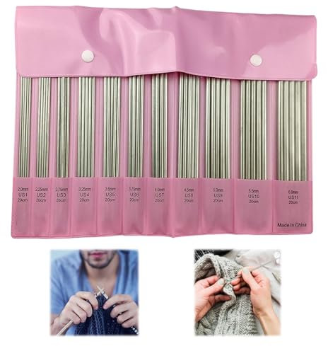 MINZHI 20 cm Gerade Edelstahl Doppelspitze Stricknadel Set, 55 Stück, 2mm - 6mm, Rosa, geeignet für Anfänger, Socken, Schalstricken