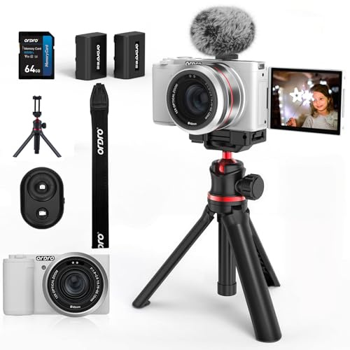 ORDRO 5K Digital Cameras for Photography - 64MP 12X Optical Zoom Travel Content Creator Camera & YouTube Vlogging Camera with Flip Screen, Microphone & Tripod Grip, 64GB Memory Card(White)