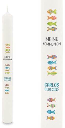GRAVURZEILE Vela con diseño de pez multicolor, personalizable con nombre y fecha, regalo para bautizo, comunión o confirmación, para niños y niñas, 400/40 mm, color blanco