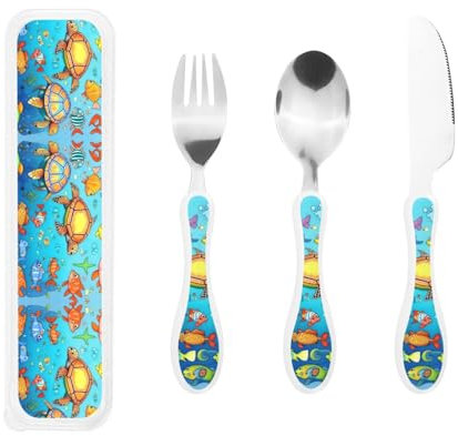 Turtle and Fish Print Knife, Fork and Spoon Set - Stainless Steel Flatware Set, Birthday Parties, and More â€“ Adorable