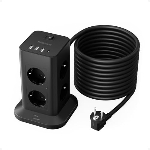 TESSAN Ciabatta Multipresa con 8 Prese, Torretta Multipresa con 3 USB A e 1 USB C, Protezione Sovratensione con Prolunga Elettrica 10 Metri, Nero
