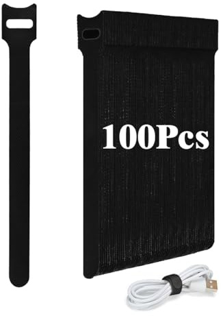 100 PCS Cable Ties Reusable - 150x12 mm Adjustable Cable Straps Nylon Charging Cord Hook and Loop Securing Tape Wire Tidy Straps Organiser, Ideal for Electronics Headphones - Black