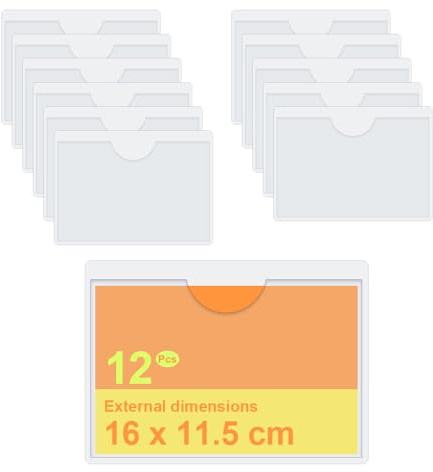 MUWINC Bolsillos Autoadhesivos Transparentes PVC - 12 Piezas Fundas para Tarjetas de Índice, 16x11,5 cm, para Tarjetas/Etiquetas