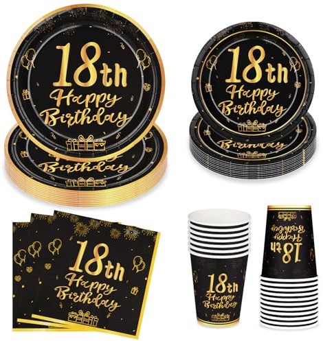 LAWALEISHE 18th Happy Birthday Party Plates Cups and Napkins, Black Gold 9 and 7 Disposable Paper Plates and Cups, 96pcs Party Tableware Set 24 Guests, Birthday Supplies for Table Decorations
