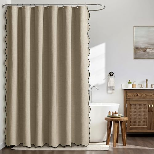 MIULEE Tenda doccia in Lino Ondulato Antimuffa 1 Pannelli 180x200 cm Khaki | Tende da Doccia Impermeabili per Hotel di Lusso, Tenda da Bagno in Tessuto Lavabile Antimuffa con 12 Ganci in Metallo