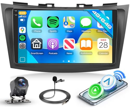 Hodozzy 4G+64G Car Stereo for Suzuki Swift 2011-2015 Radio Android 9 Inch Incell Touch Screen Upgrade GPS Navigation with Wireless Carplay Android Auto Car Radio Bluetooth DSP, WiFi, FM RDS, Camera