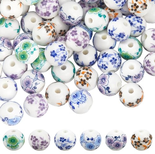 PONABEADIY 1 Box 60PCS Round Flower Ceramic Beads with Small Holes Mixed colour Handmade Assorted Floral Porcelain Spacer Loose Bead Charm Bulk for Jewellery Making Necklace Bracelet Diy Craft Supply
