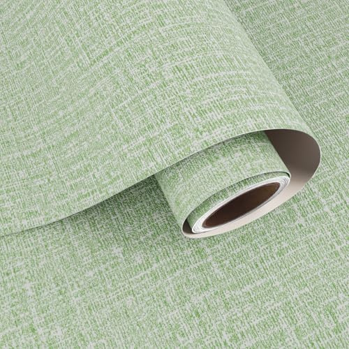 VaryPaper Light Green Linen Wallpaper 40cmx200cm Removable Textured Fabric Contact Paper Sticky Back Plastic Faux Grasscloth Wallpaper for Living Room Hallway Cupboards Worktop Covering Furniture Wrap