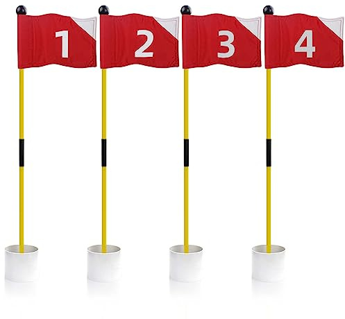 KOFULL Putting Green Cups and Flags Golf Pin Flags with Numbered Red Flags 1-4, Fiberglass Portable Practice Golf Flagsticks, 4 Flags with White Cup Bases