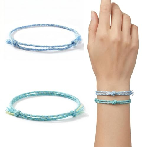 Lot de 2 Bracelets Brésiliens Homme et Femme - Bracelet Corde Tressé en Coton Fait Main - Bracelet Surfeur Réglable Style Bohème pour Plage et Nautique - Bleu Vert et Bleu Foncé